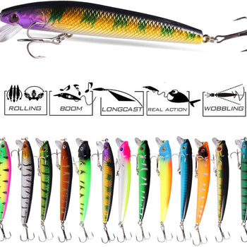 Sougayilang Hard Fishing Lures Set,Lifelike Plastic Hard Baits,Including Minnow Pencil with Hooks for Saltwater Freshwater Trout Bass Salmon,(Pack of 13)
